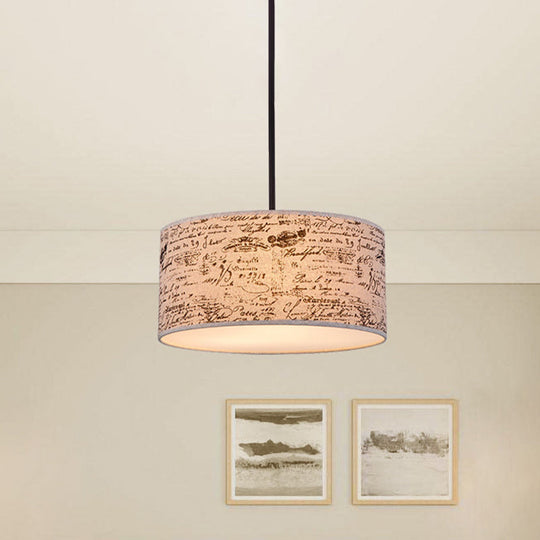 Modern Flaxen Drum Pendant with Script Lamp Shade - 12"/16" Dia Suspension Lighting