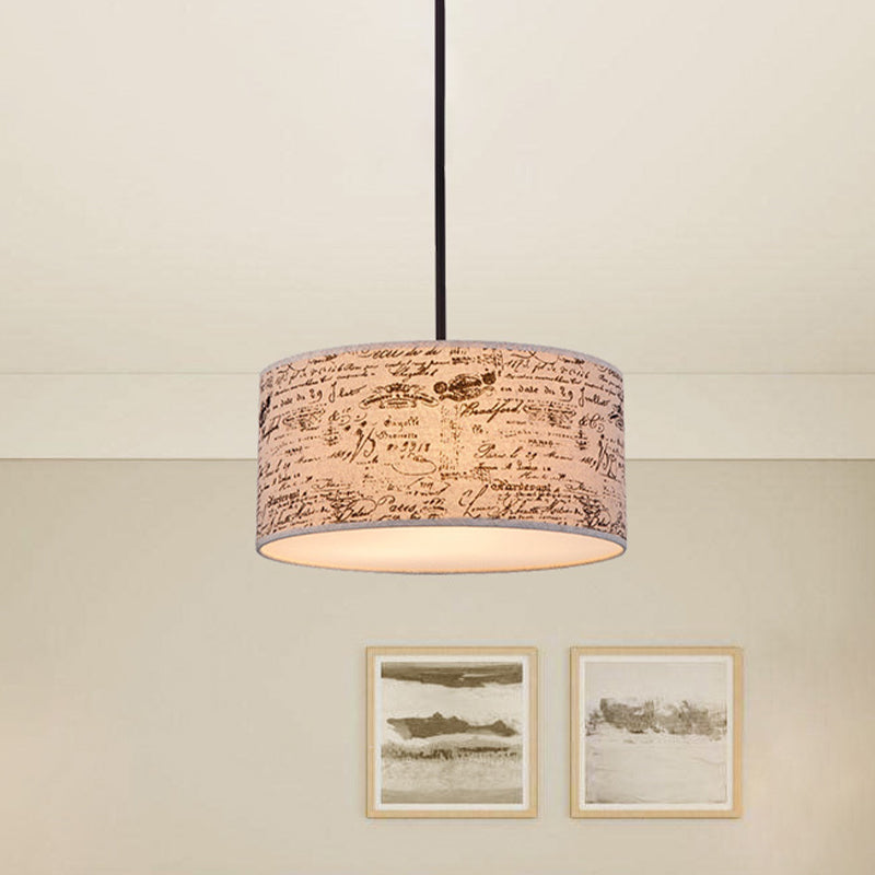 Modern Flaxen Drum Pendant with Script Lamp Shade - 12"/16" Dia Suspension Lighting