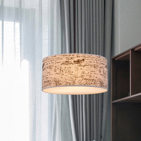 Modern Flaxen Drum Pendant with Script Lamp Shade - 12"/16" Dia Suspension Lighting