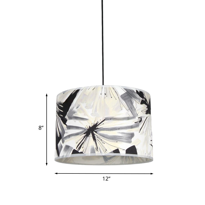 Modern Pendulum Drum Pendant Light with Printed Fabric Shade - Single Bulb Black and White Fixture
