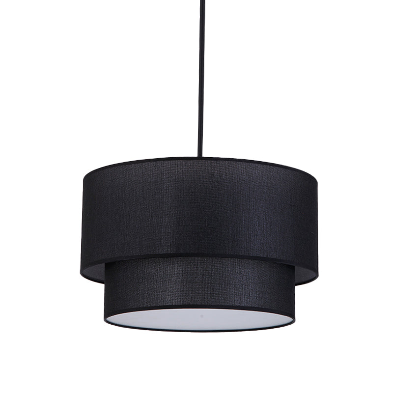 Modern Dual Drum Pendant Ceiling Lamp with Fabric Shade - 1-Head Dinette, White/Flaxen/Black Color Options