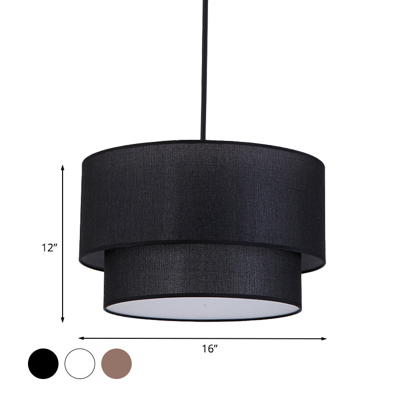 Modern Dual Drum Pendant Ceiling Lamp with Fabric Shade - 1-Head Dinette, White/Flaxen/Black Color Options