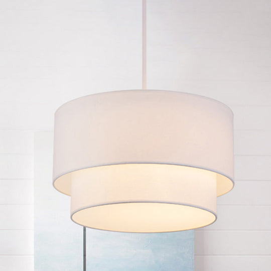 Modern Dual Drum Pendant Ceiling Lamp with Fabric Shade - 1-Head Dinette, White/Flaxen/Black Color Options