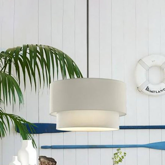 Modern Dual Drum Pendant Ceiling Lamp with Fabric Shade - 1-Head Dinette, White/Flaxen/Black Color Options