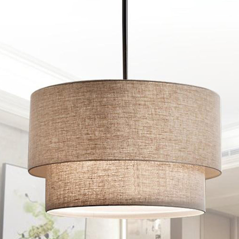 Modern Dual Drum Pendant Ceiling Lamp with Fabric Shade - 1-Head Dinette, White/Flaxen/Black Color Options