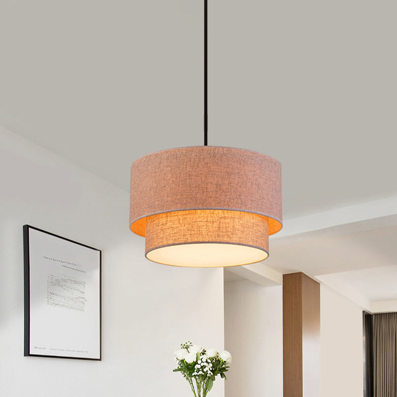 Modern Dual Drum Pendant Ceiling Lamp with Fabric Shade - 1-Head Dinette, White/Flaxen/Black Color Options