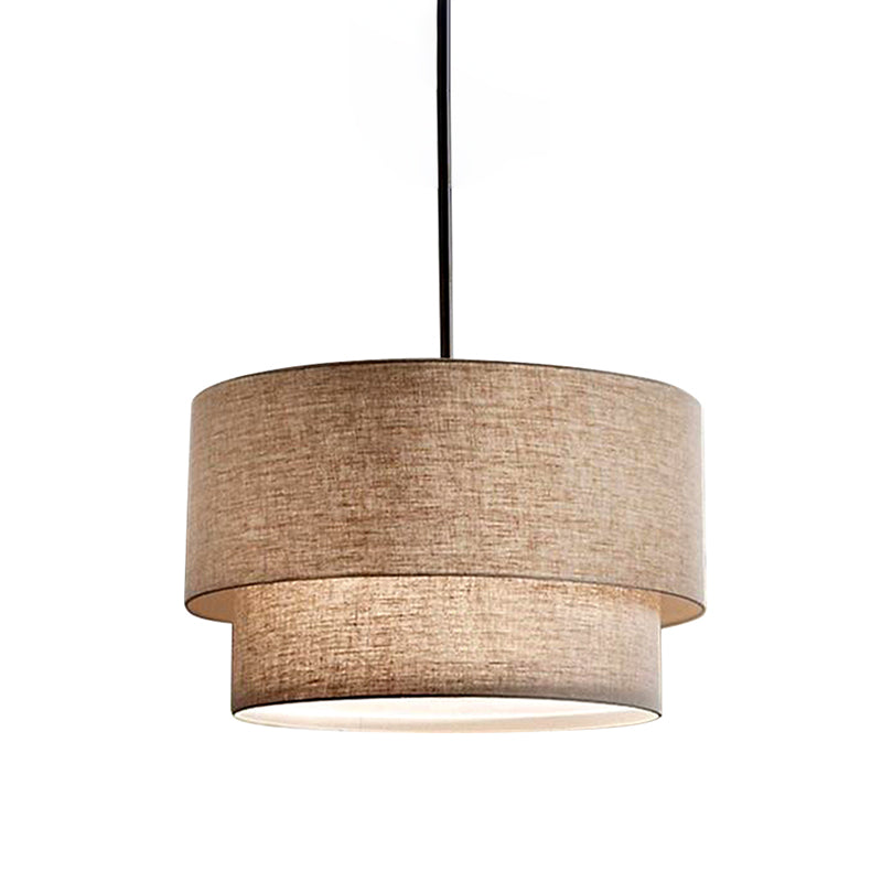 Modern Dual Drum Pendant Ceiling Lamp with Fabric Shade - 1-Head Dinette, White/Flaxen/Black Color Options