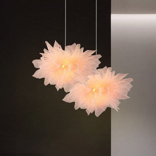 Modern Blossom Hanging Ceiling Lamp - Hand-Sewn Cotton Yarn. 1 Light - Bedroom Lighting in White/Pink