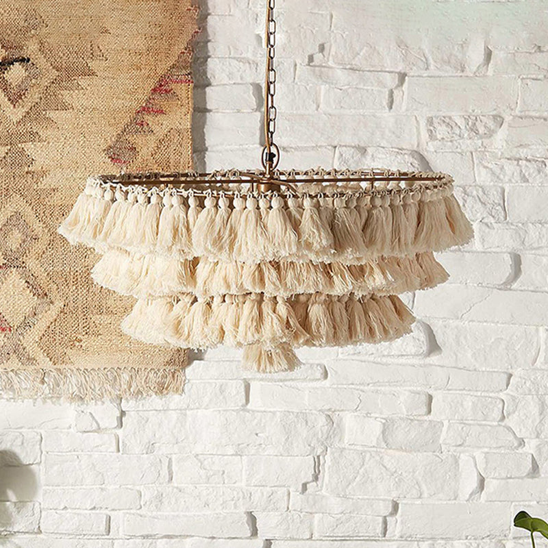 Hand-Weaved 3-Tier Fringe Girl's Hanging Lamp: Single Beige Pendant Ceiling Light