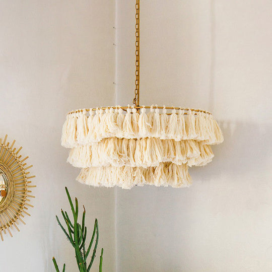 Hand-Weaved 3-Tier Fringe Girl's Hanging Lamp: Single Beige Pendant Ceiling Light