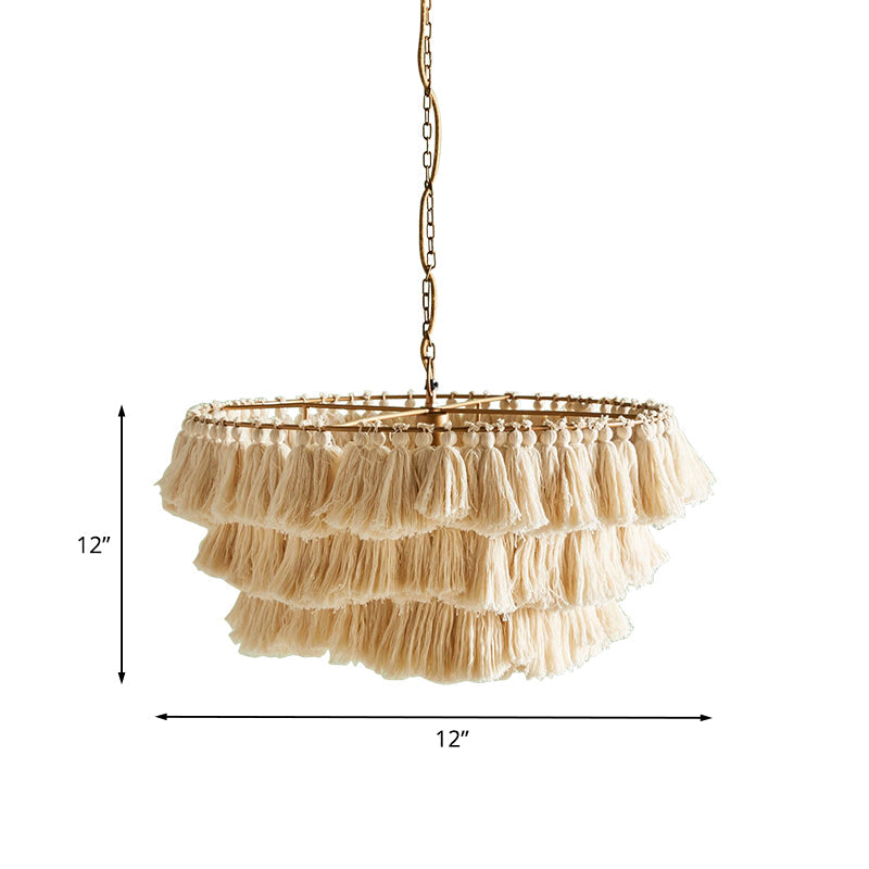 Hand-Weaved 3-Tier Fringe Girl's Hanging Lamp: Single Beige Pendant Ceiling Light