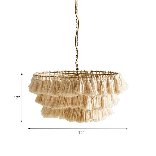 Hand-Weaved 3-Tier Fringe Girl's Hanging Lamp: Single Beige Pendant Ceiling Light