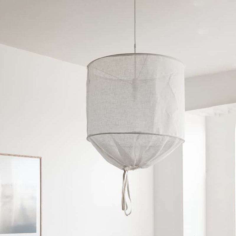 Modern Handcrafted Barrel Fabric Pendant Lamp - 1-Light Flaxen Hanging Ceiling Light with Pull String