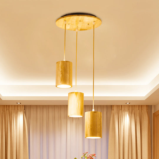 Adjustable Wood Pendant Lighting for Dining Tables - 3 Head Suspension Design