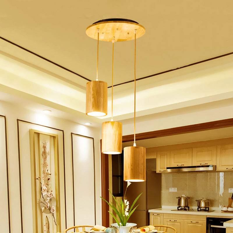 Adjustable Wood Pendant Lighting for Dining Tables - 3 Head Suspension Design