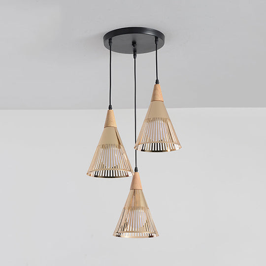 Modern Wooden 3-Light Gold Cage Pendant Ceiling Light