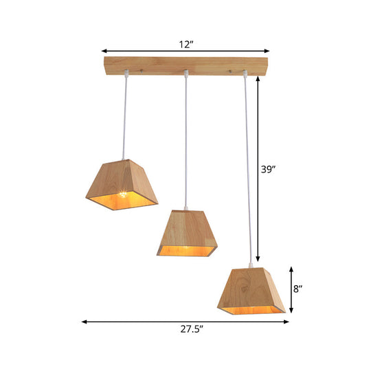 Nordic Wood Trapezoid Pendant with Height Adjustable Multi-Light - 3-Head Ceiling Hanging Fixture