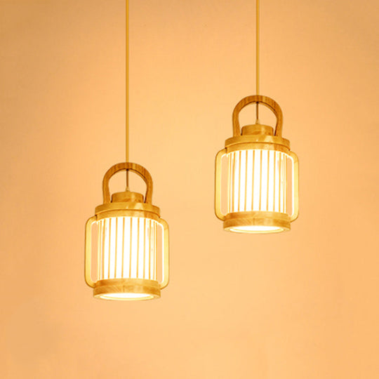 Nordic Beige Water Jug Pendant Light with Wood Shade - 2 Heads Hanging Lamp, Multi-Light Ceiling Lighting