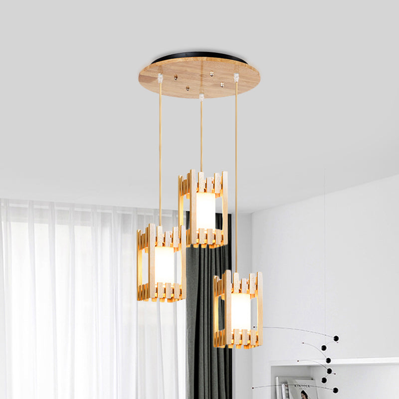 Wooden Cluster Arbor Pendant Asian Ceiling Lamp with Fabric Lampshade - 3 Bulbs, Beige Suspension Design