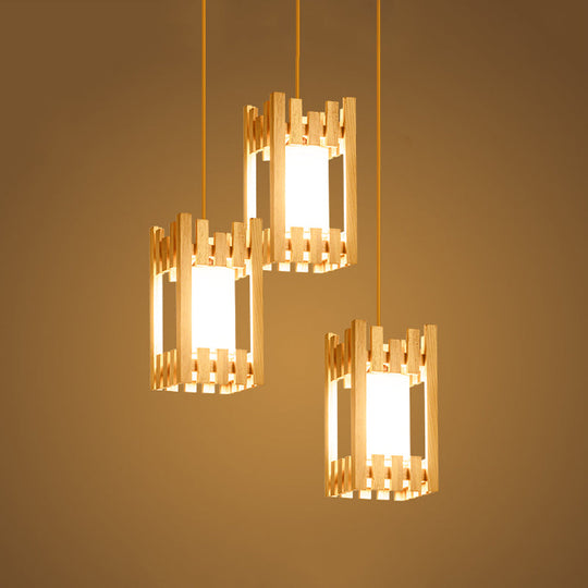 Wooden Cluster Arbor Pendant Asian Ceiling Lamp with Fabric Lampshade - 3 Bulbs, Beige Suspension Design