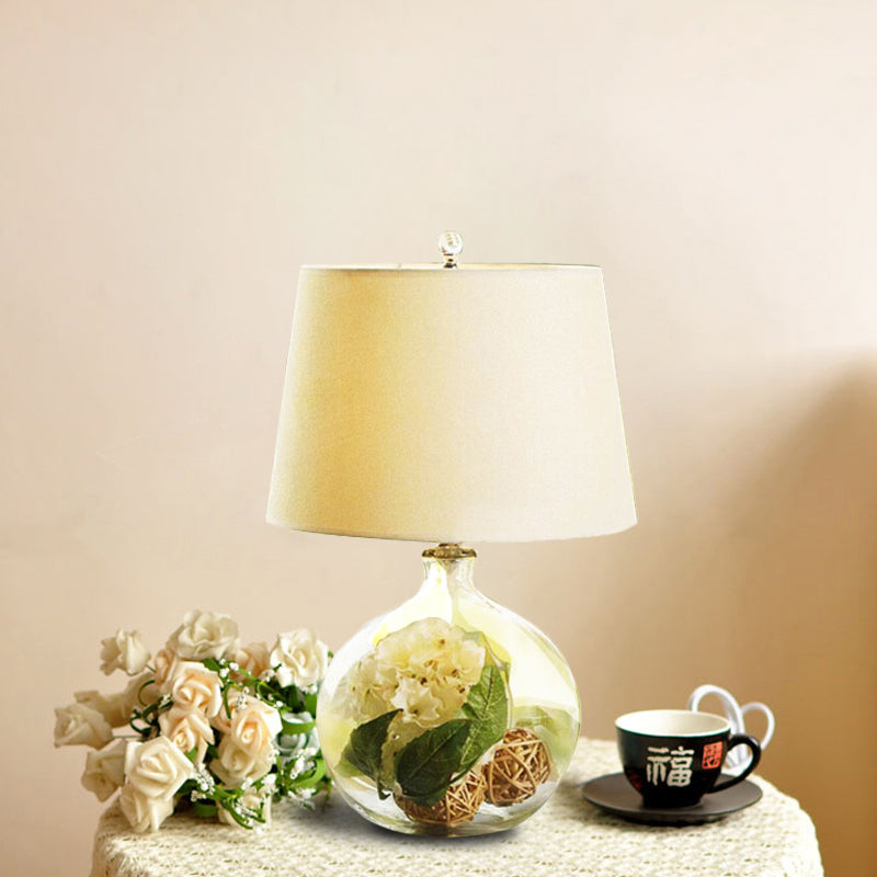 1-Light Fabric White Nightstand Lamp with Industrial Tapered Design and Floral Rattan Ball Decor