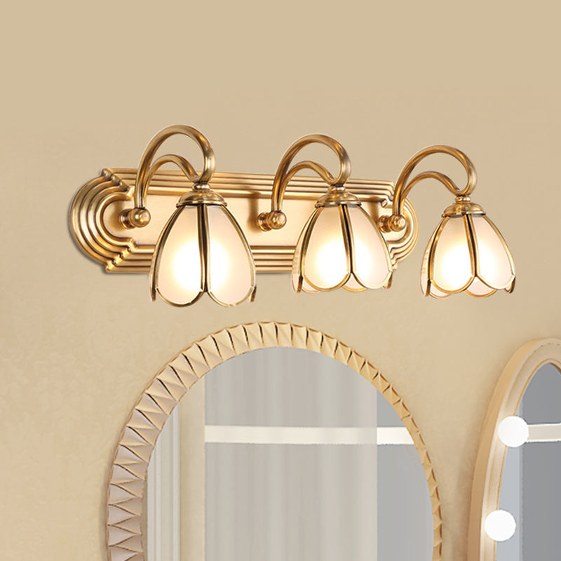 Floral Bathroom Vanity Light Fixture with Frosted White Glass and Gold Accents