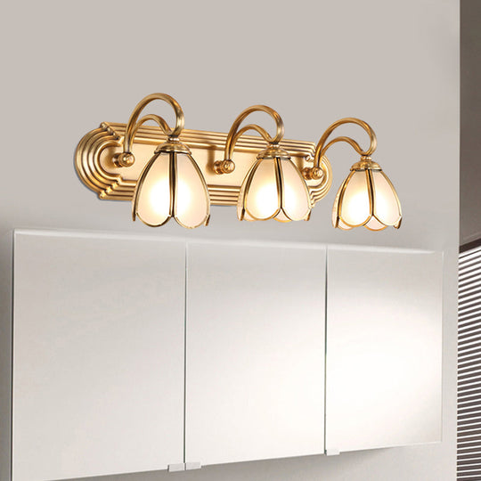 Floral Bathroom Vanity Light Fixture with Frosted White Glass and Gold Accents