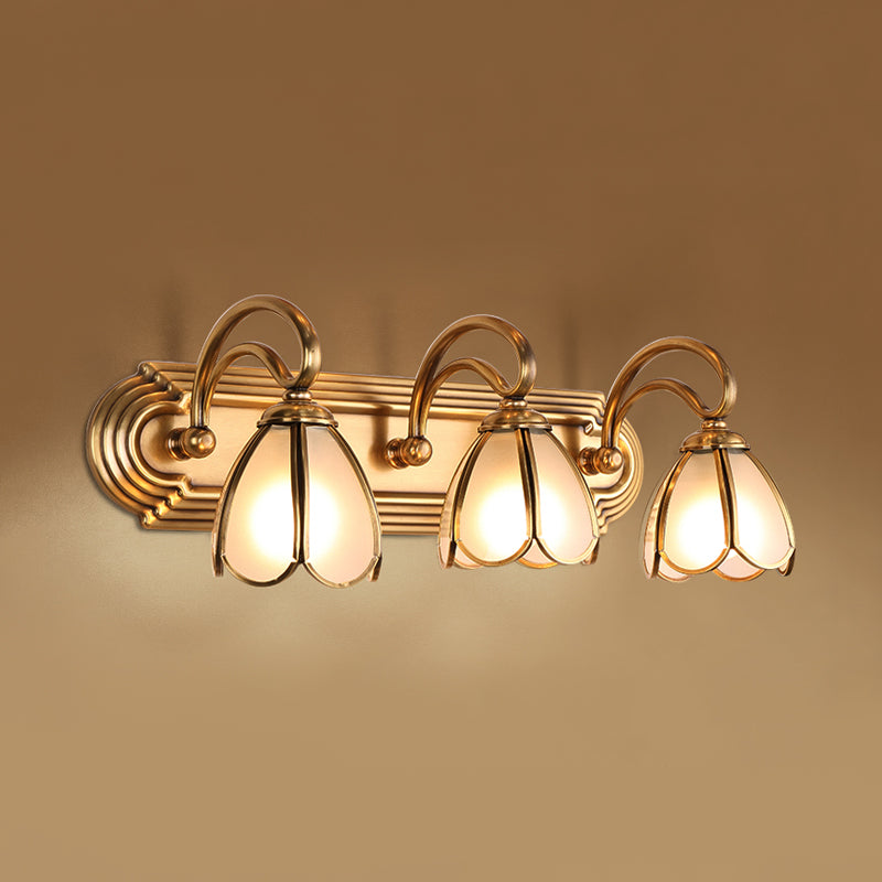 Floral Bathroom Vanity Light Fixture with Frosted White Glass and Gold Accents