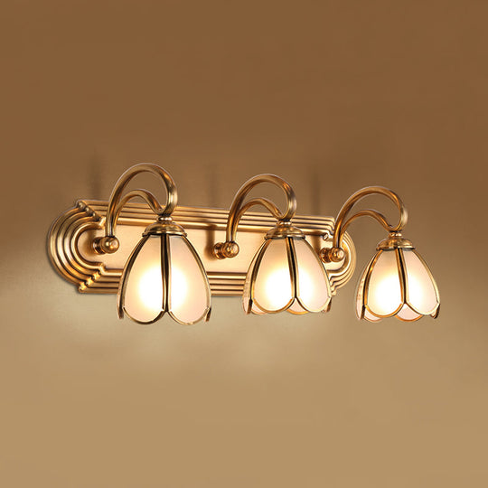 Floral Bathroom Vanity Light Fixture with Frosted White Glass and Gold Accents