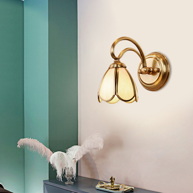 Floral Bathroom Vanity Light Fixture with Frosted White Glass and Gold Accents