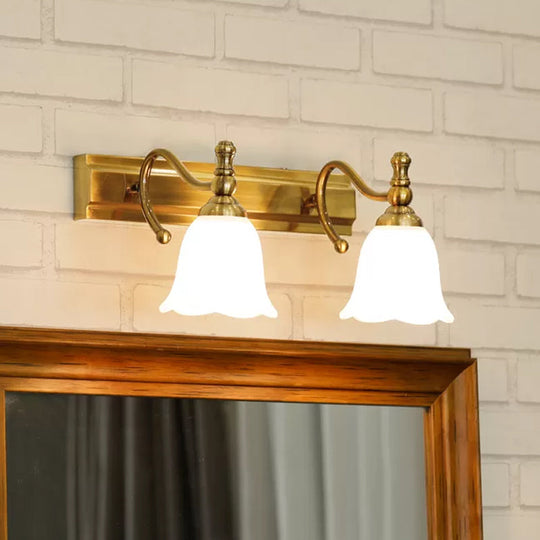 Colonial Wall Vanity Light with Flower Opal Glass Shade in Gold - 2/3 Heads