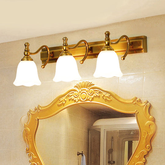 Colonial Wall Vanity Light with Flower Opal Glass Shade in Gold - 2/3 Heads