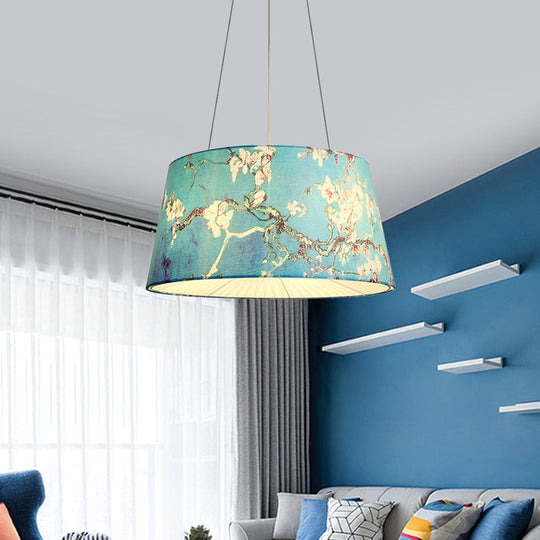 Blue/Beige 4-Light Chandelier: Pastoral Drum Pendant Lamp with Floral Pattern - Ideal for Living Room