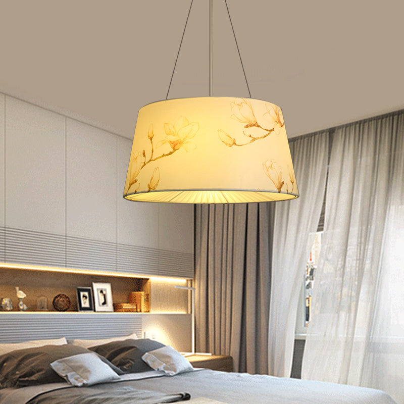 Blue/Beige 4-Light Chandelier: Pastoral Drum Pendant Lamp with Floral Pattern - Ideal for Living Room
