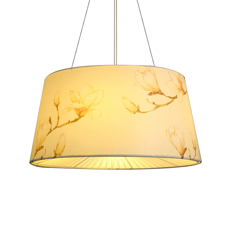 Blue/Beige 4-Light Chandelier: Pastoral Drum Pendant Lamp with Floral Pattern - Ideal for Living Room