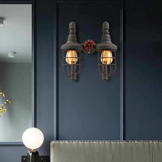 Industrial Metallic 2-Light Wall Sconce with Cage Shade and Red Valve - Black/Bronze Tubed Kitchen Lighting Fixture