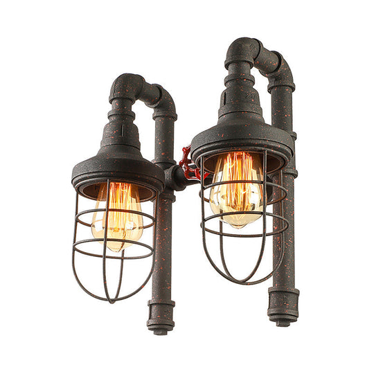 Industrial Metallic 2-Light Wall Sconce with Cage Shade and Red Valve - Black/Bronze Tubed Kitchen Lighting Fixture