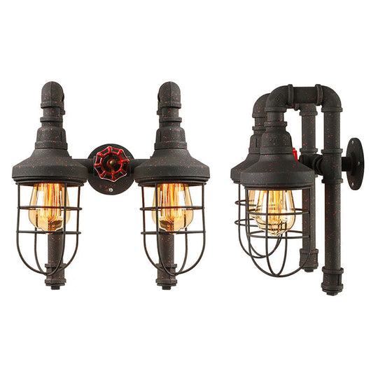 Industrial Metallic 2-Light Wall Sconce with Cage Shade and Red Valve - Black/Bronze Tubed Kitchen Lighting Fixture