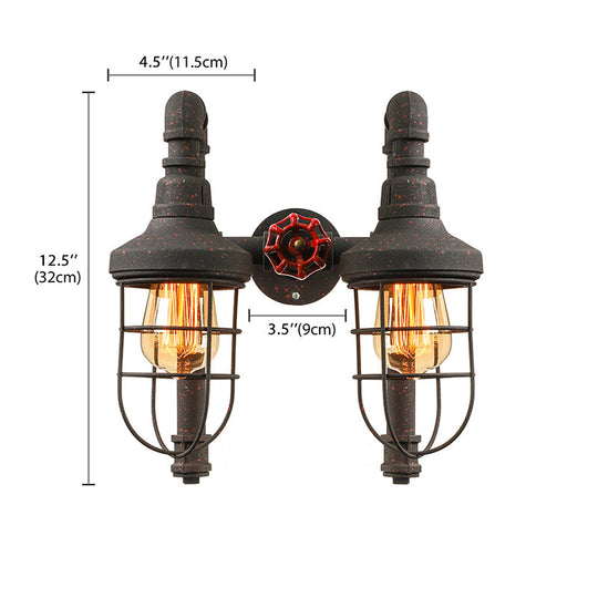 Industrial Metallic 2-Light Wall Sconce with Cage Shade and Red Valve - Black/Bronze Tubed Kitchen Lighting Fixture