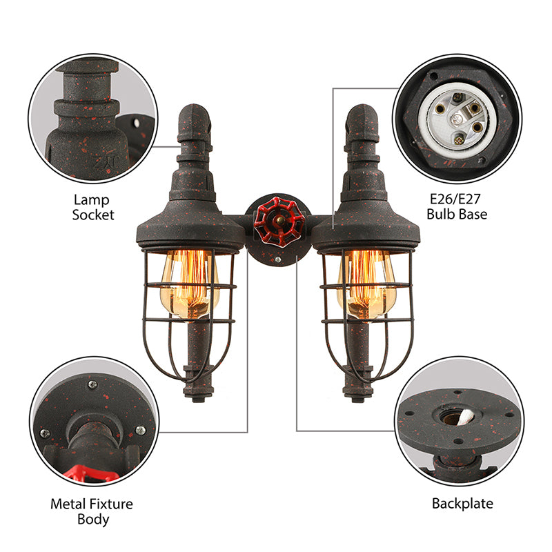Industrial Metallic 2-Light Wall Sconce with Cage Shade and Red Valve - Black/Bronze Tubed Kitchen Lighting Fixture