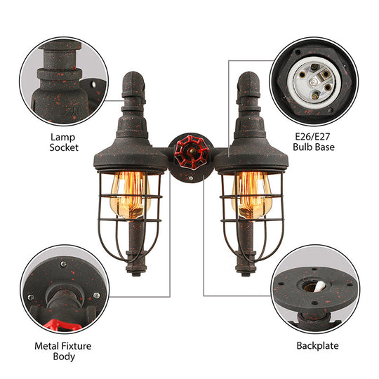 Industrial Metallic 2-Light Wall Sconce with Cage Shade and Red Valve - Black/Bronze Tubed Kitchen Lighting Fixture