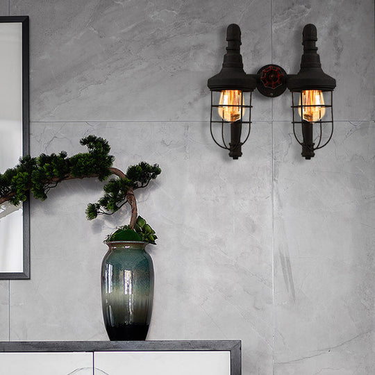 Industrial Metallic 2-Light Wall Sconce with Cage Shade and Red Valve - Black/Bronze Tubed Kitchen Lighting Fixture
