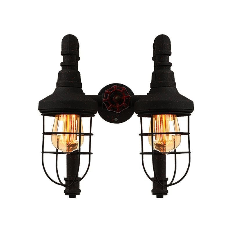 Industrial Metallic 2-Light Wall Sconce with Cage Shade and Red Valve - Black/Bronze Tubed Kitchen Lighting Fixture