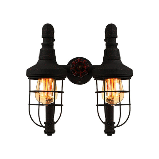 Industrial Metallic 2-Light Wall Sconce with Cage Shade and Red Valve - Black/Bronze Tubed Kitchen Lighting Fixture