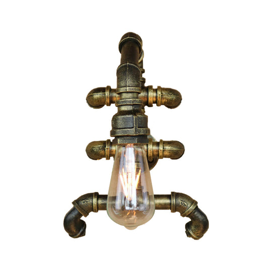 Steampunk Iron 1-Light Antique Brass Sconce with Curved Pipe – Expose Bulb Bathroom Wall Lighting