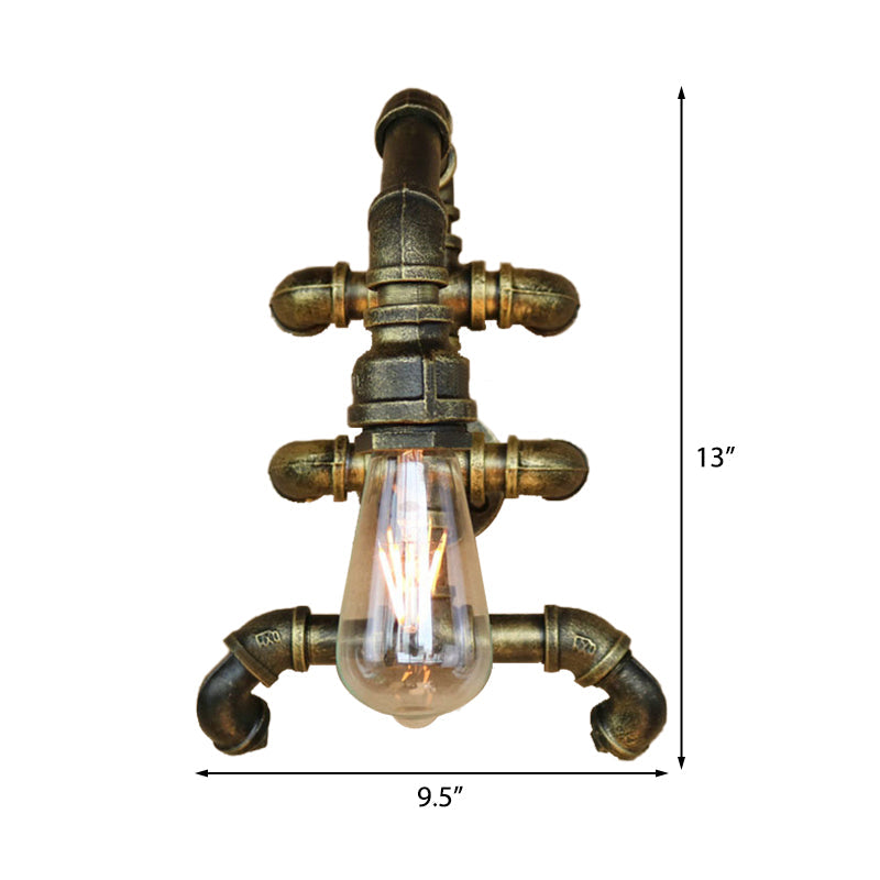 Steampunk Iron 1-Light Antique Brass Sconce with Curved Pipe – Expose Bulb Bathroom Wall Lighting