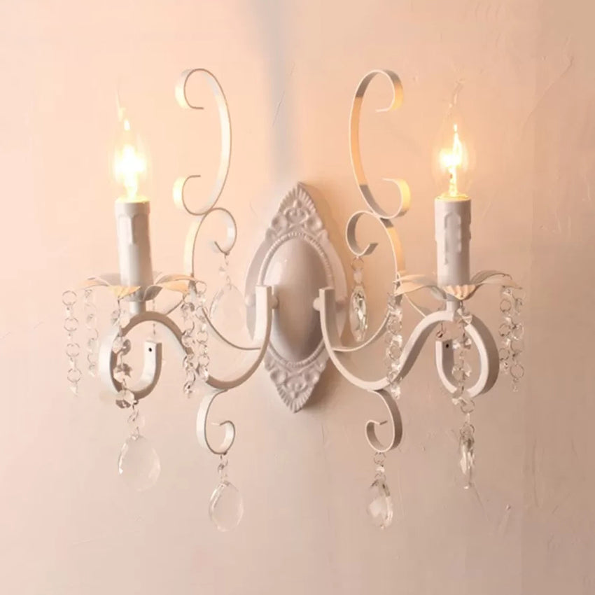 Stylish White Wall Lamp with Clear Crystal for Lodge - Candle Shape Metal Wall Light