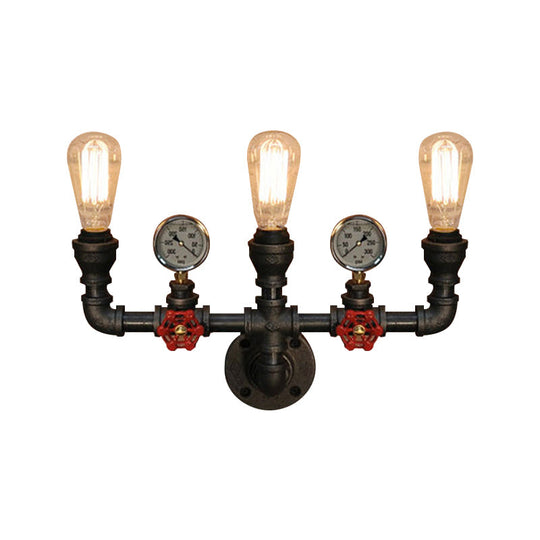 Steampunk Restaurant Wall Lighting in Black: 2/3-Lights Wall Mount with Metal Pipe and Gauge