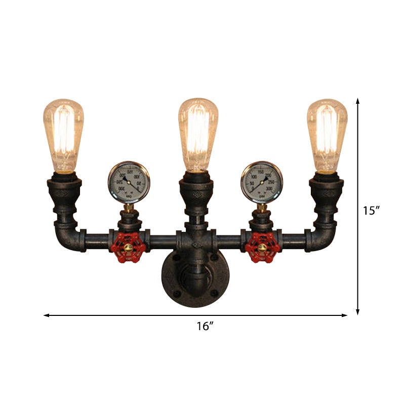 Steampunk Restaurant Wall Lighting in Black: 2/3-Lights Wall Mount with Metal Pipe and Gauge