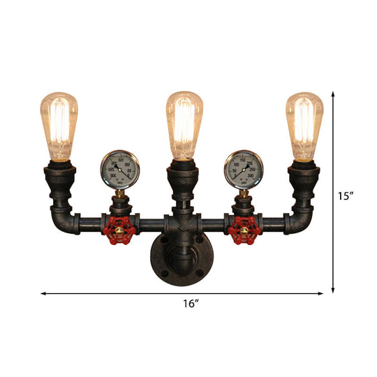 Steampunk Restaurant Wall Lighting in Black: 2/3-Lights Wall Mount with Metal Pipe and Gauge